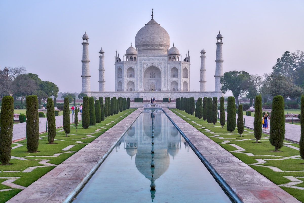 Historic marble mausoleum and gardens in Northern India at golden hour